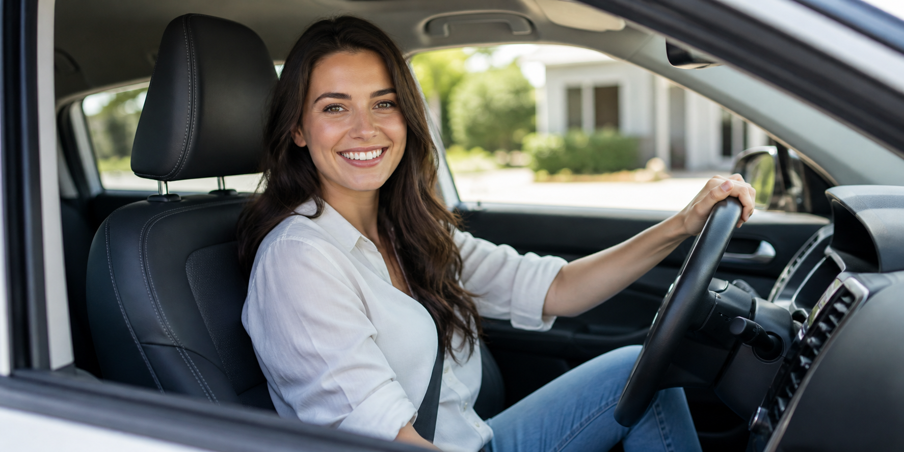 Happy female customer sitting in her new car
