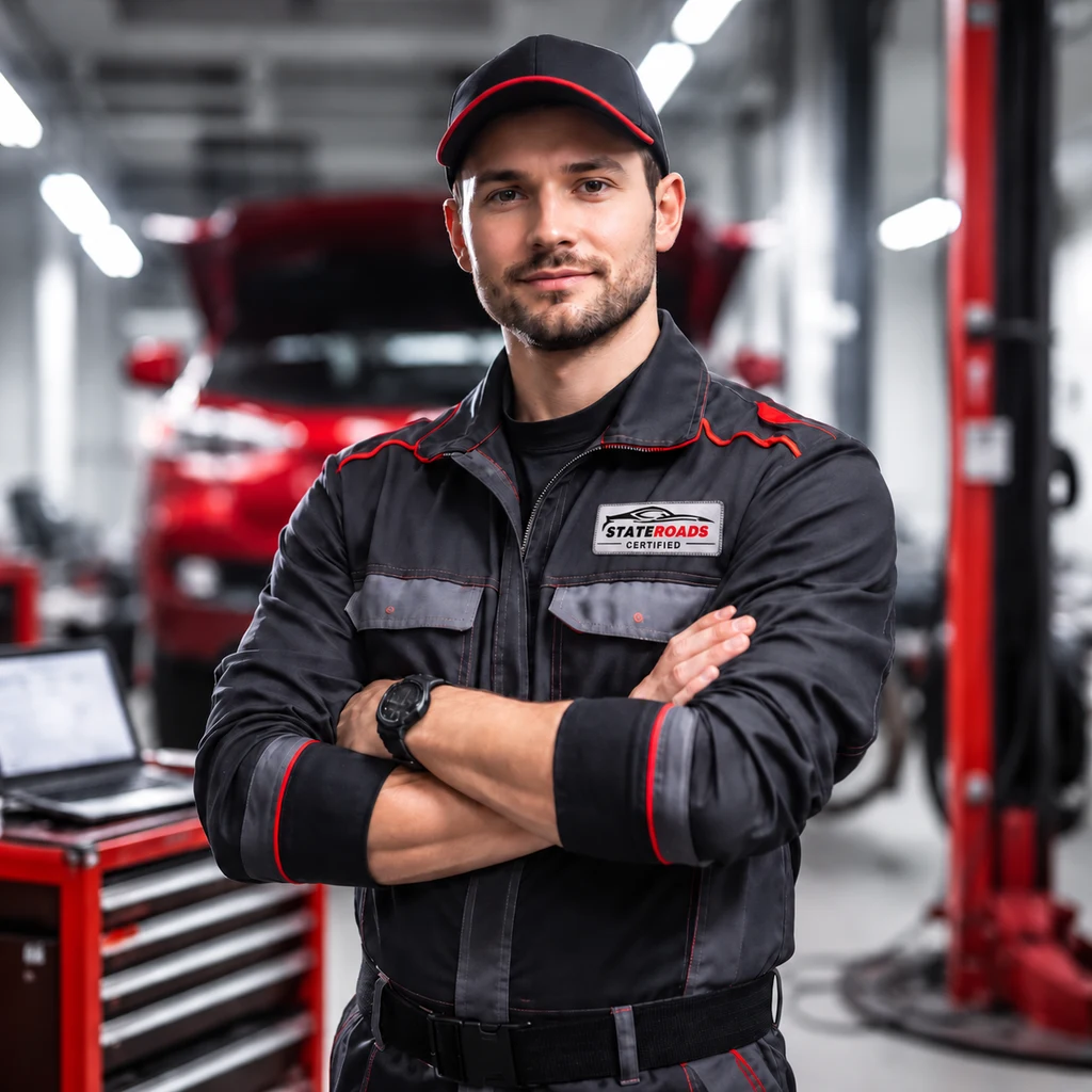 Car inspector wearing a Stateroads Certified shirt in a workshop