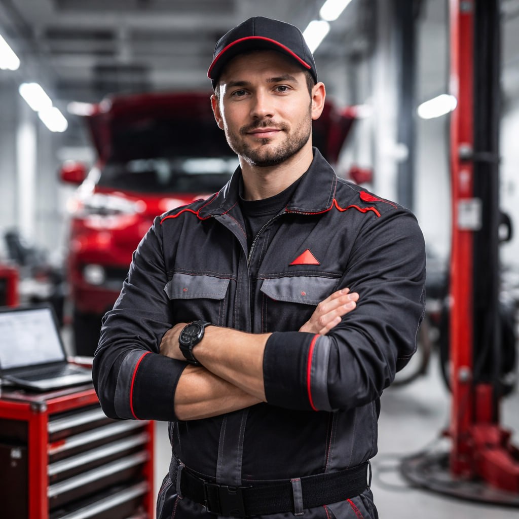 Car inspector standing in a workshop