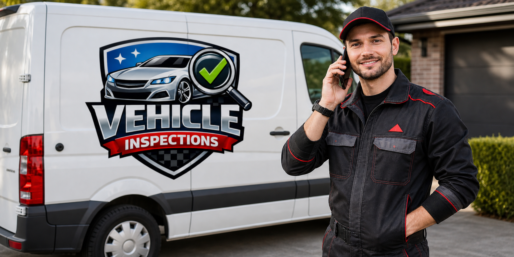 Happy mechanic on the phone beside a Vehicle Inspections van